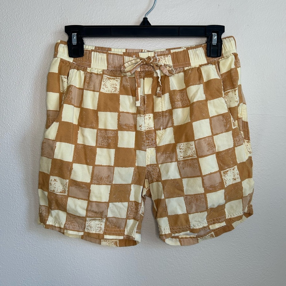 Massive Men’s Tan Checkered Shorts Drawstring Pockets Lightweight Rayon Size S